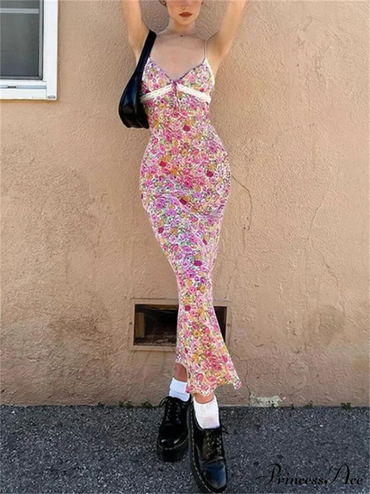 Valentina Floral Spaghetti Strap Maxi Dress Pink 2