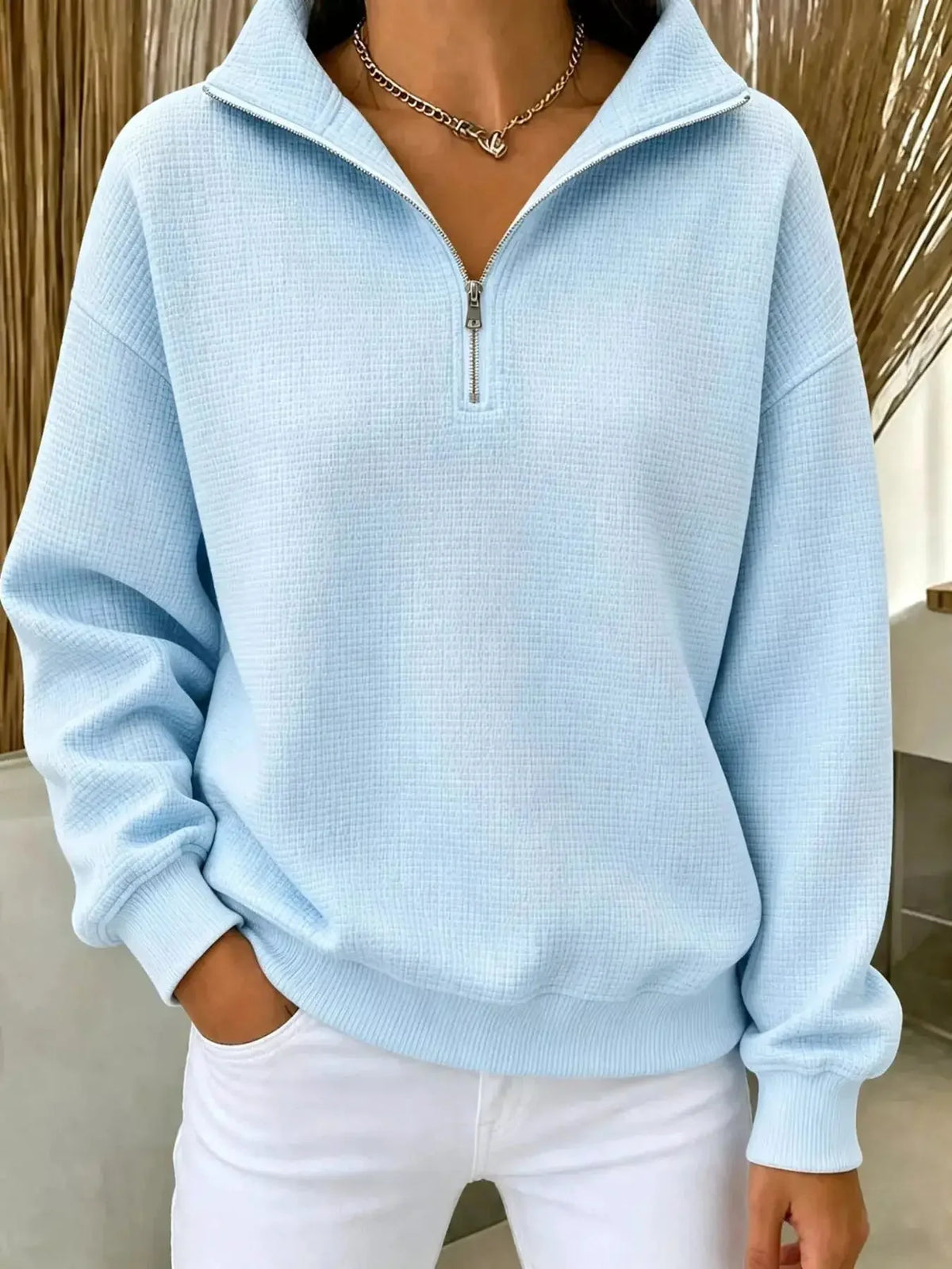 Beatrix Waffle Knit Quarter-Zip Sweater Sky Blue 6
