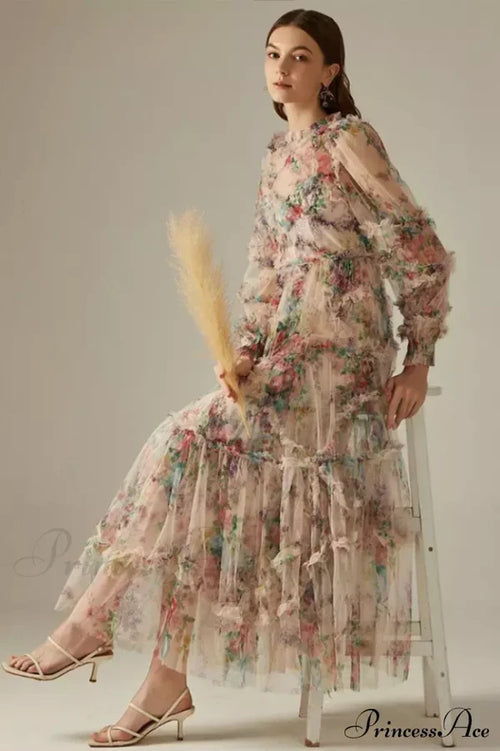 Georgina Ruffle Maxi Dress Apricot 1