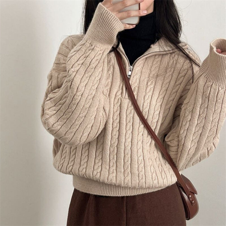 Fiona Half-Zip Cable Knit Cropped Sweater Pink 3