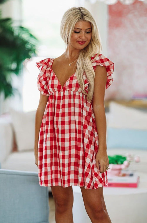 Margot Plaid Babydoll Dress Red and White 1