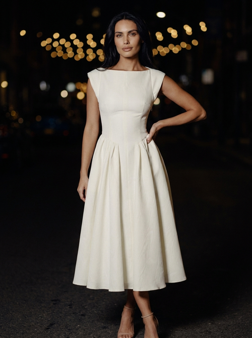 Camille Velvet Midi Dress in Ivory Ivory 1