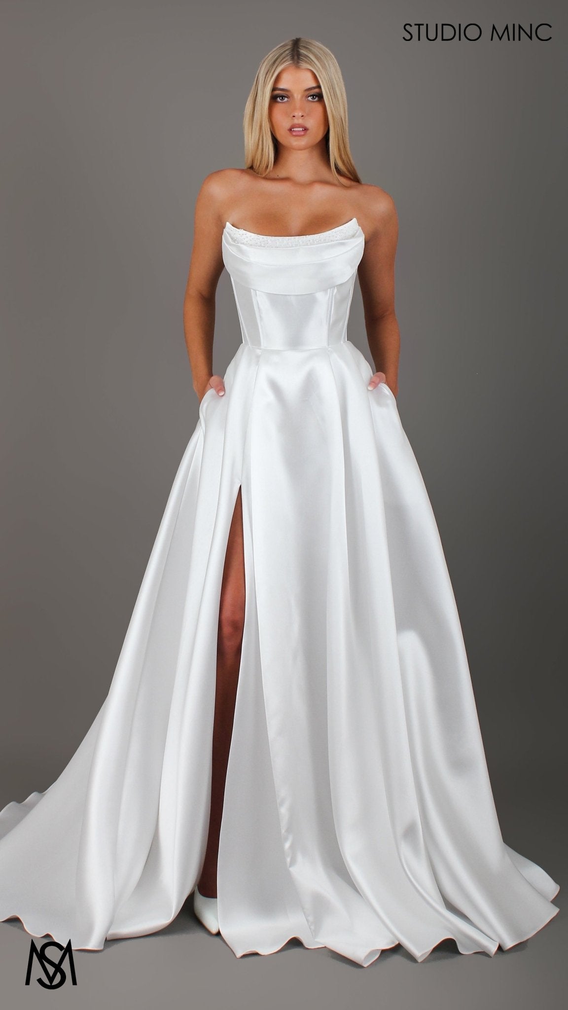 Honey Mikado Ball Gown Wedding Dress | Strapless corset pearl detail Mikado satin gown 3