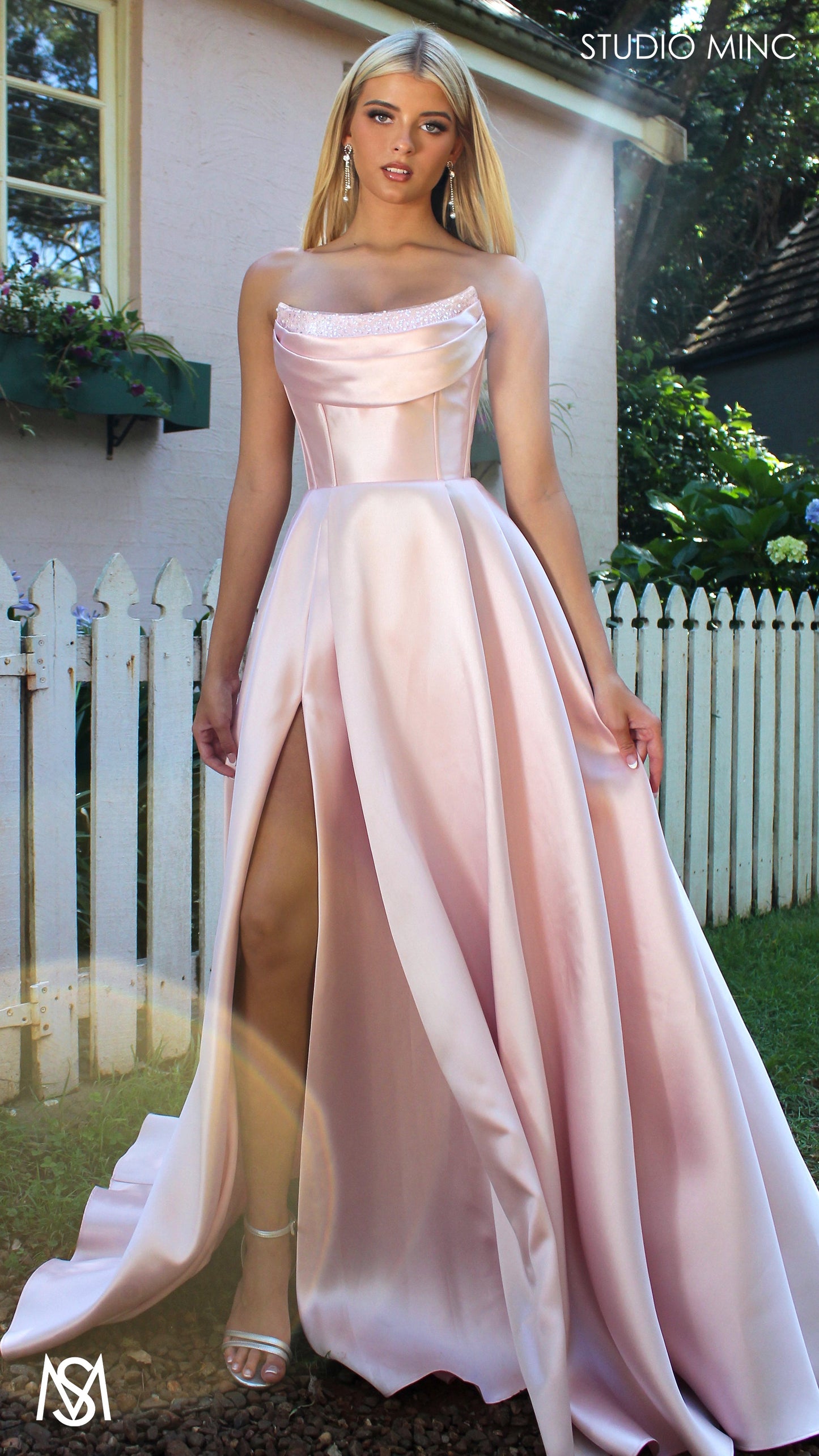 Honey Mikado Ball Gown Light Pink formal Dress | Strapless corset pearl detail Mikado satin ball gown 1