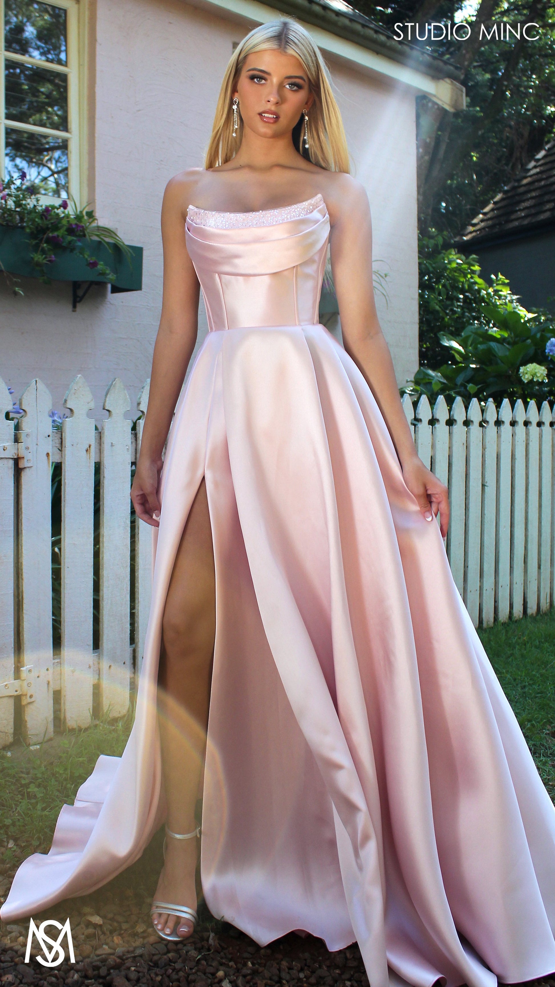 Honey Mikado Ball Gown Light Pink formal Dress | Strapless corset pearl detail Mikado satin ball gown 1