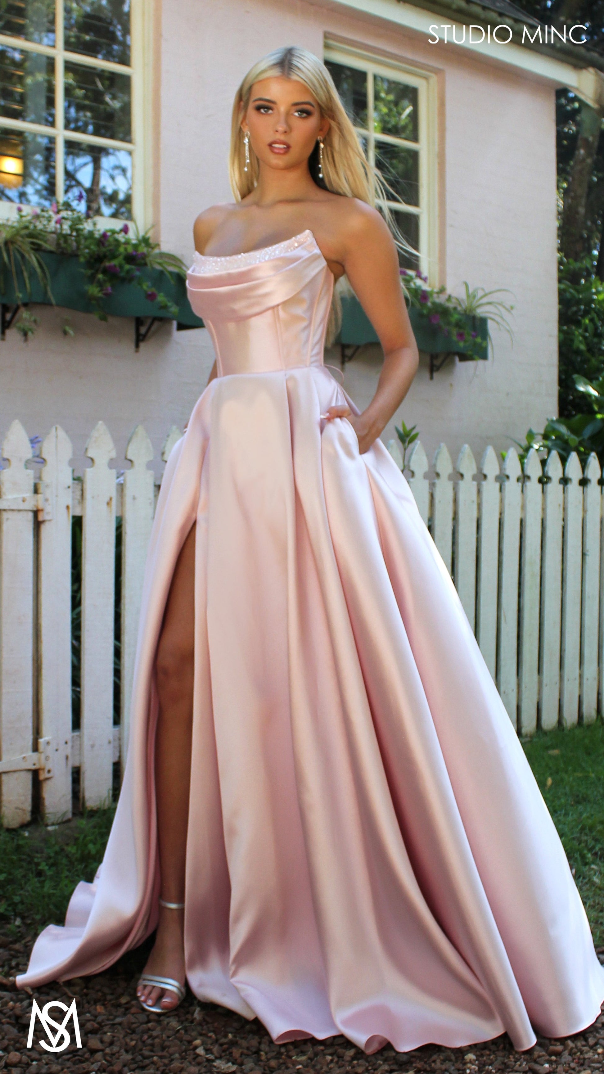 Honey Mikado Ball Gown Light Pink formal Dress | Strapless corset pearl detail Mikado satin ball gown 5