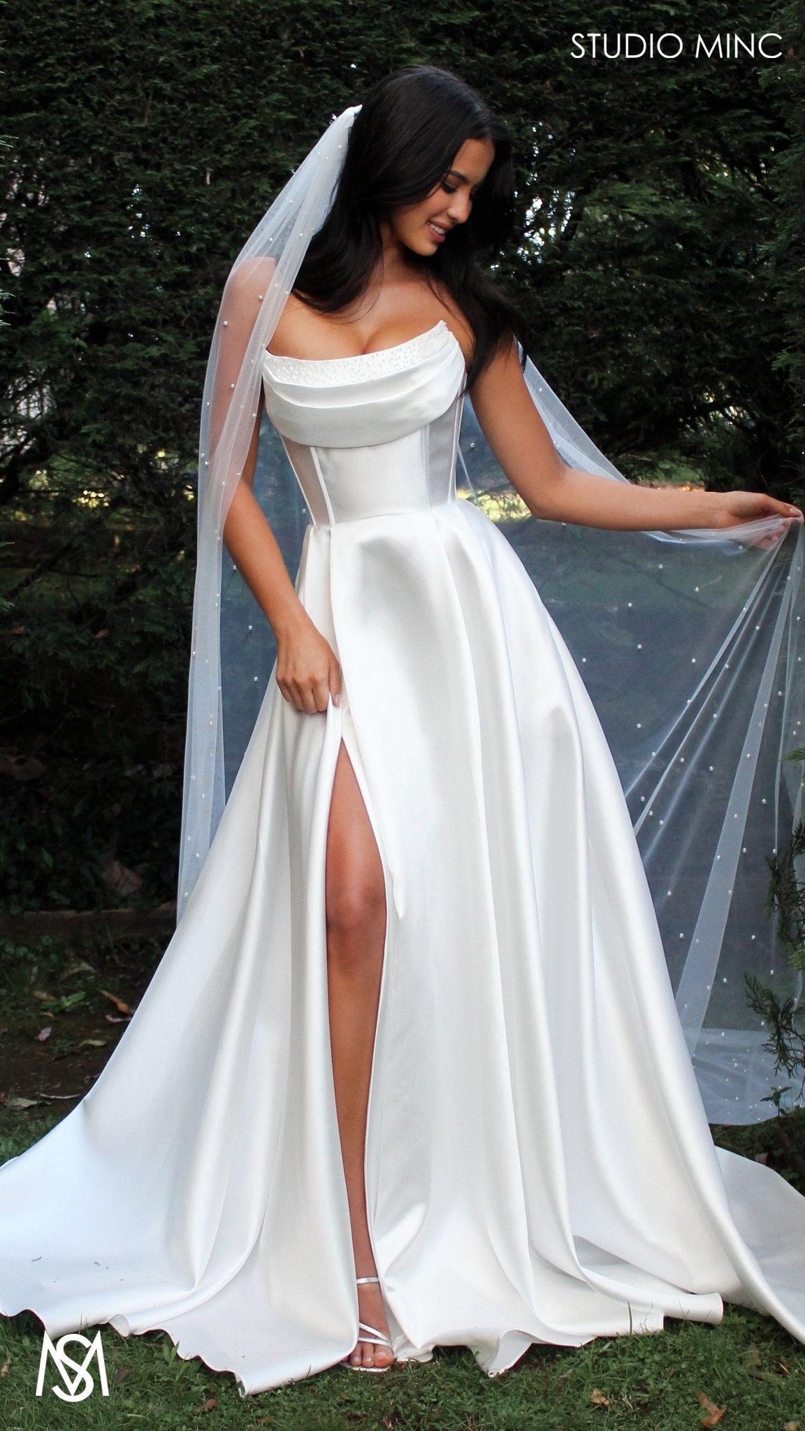 Honey Mikado Ball Gown Wedding Dress | Strapless corset pearl detail Mikado satin gown 4