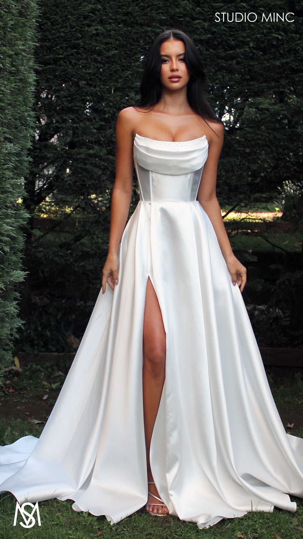 Honey Mikado Ball Gown Wedding Dress | Strapless corset pearl detail Mikado satin gown 1