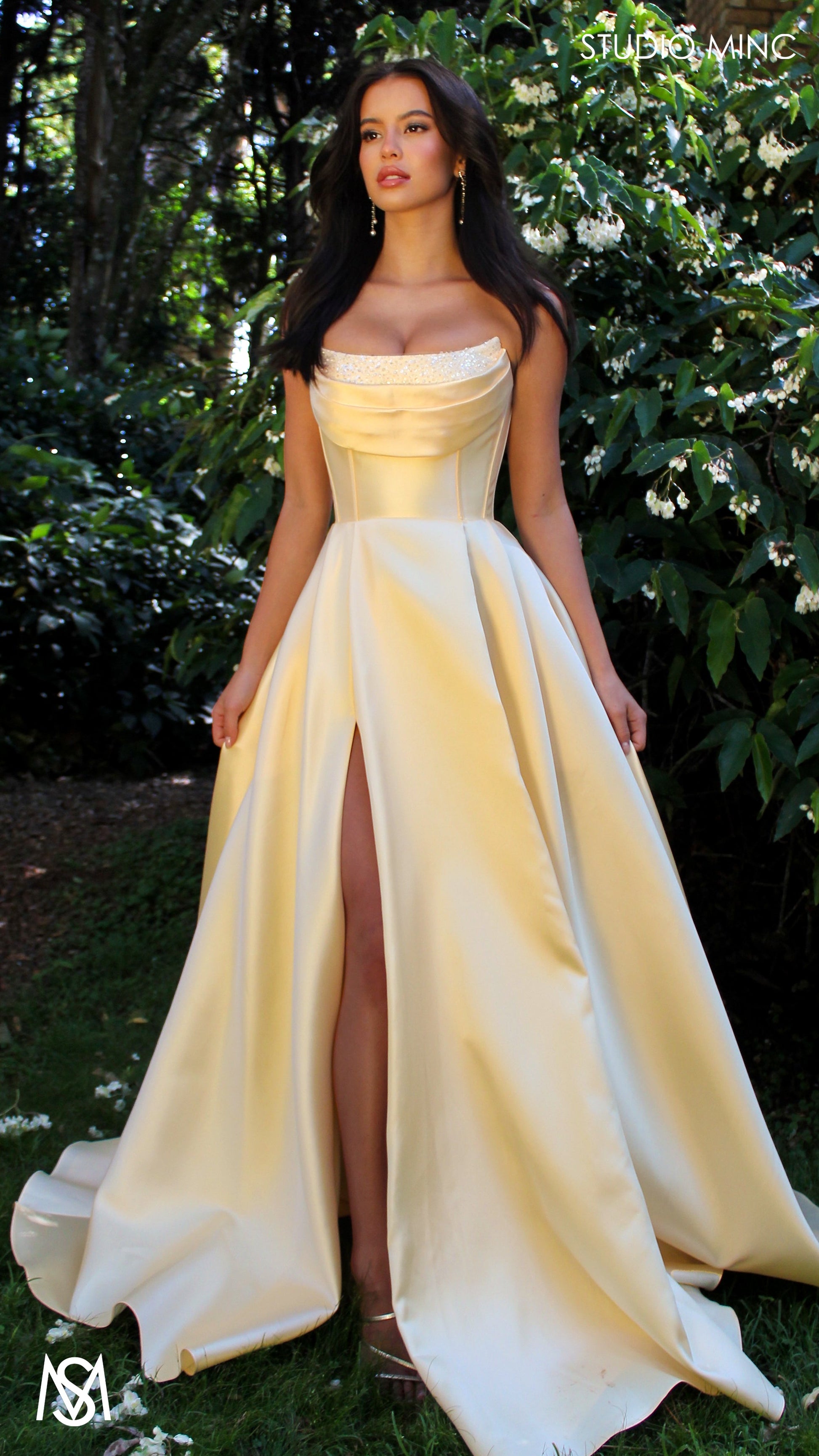 Honey Mikado Ball Gown Light Yellow formal Dress | Strapless corset pearl detail Mikado satin ball gown 4
