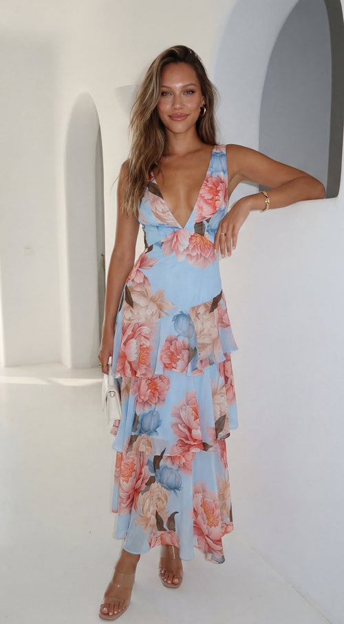 Pivona Peony Tiered Ruffle Maxi Dress Blue 1