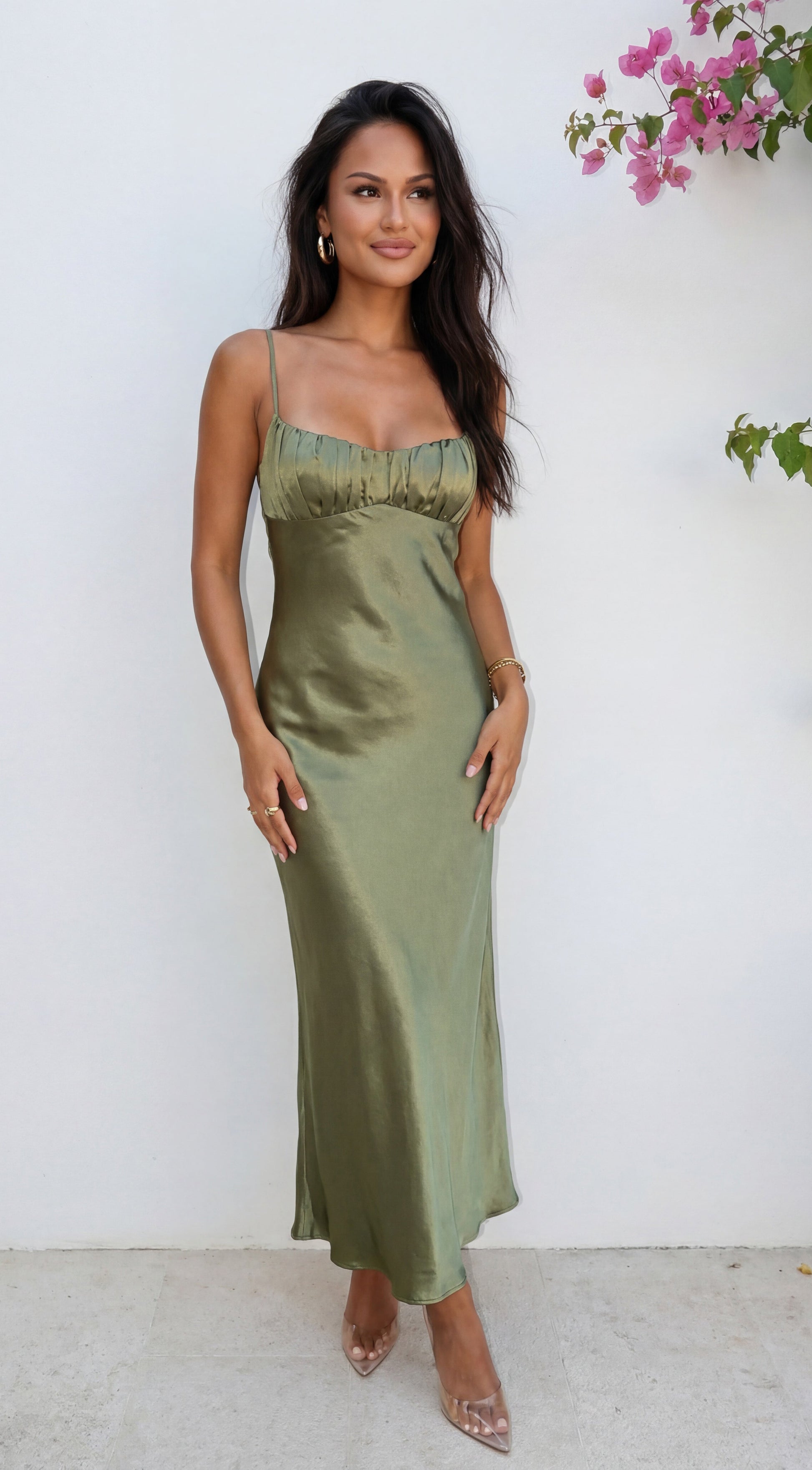 Olivienne Satin Maxi Dress in Sage Green 1