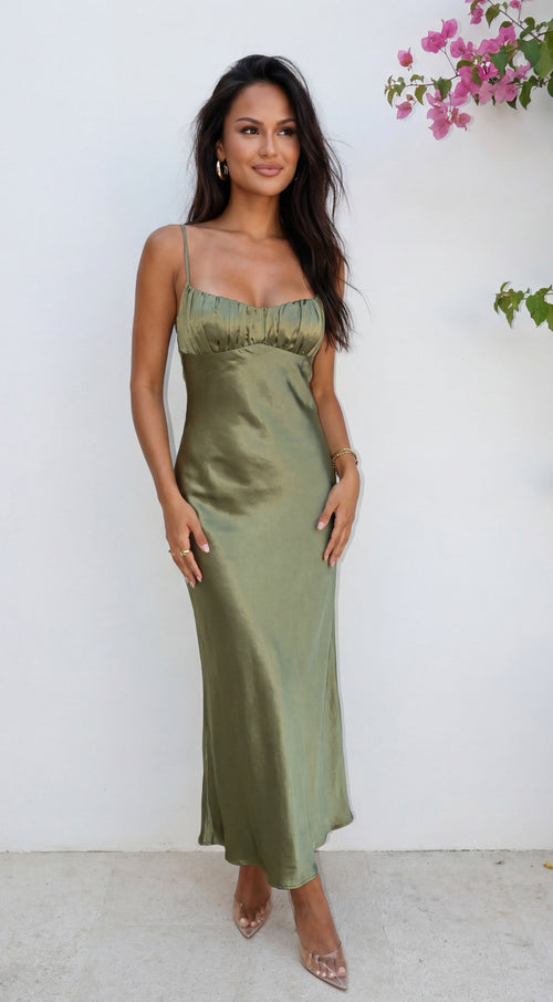 Olivienne Satin Maxi Dress in Sage Green 1