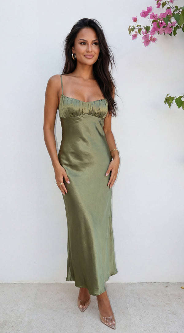 Olivienne Satin Maxi Dress in Sage