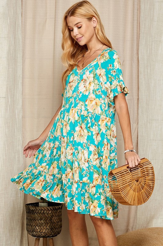Ophelia Tiered Floral Dress H {Original Love} Teal Floral Tiered Dress PLUS SIZE XL 2X 3X 5