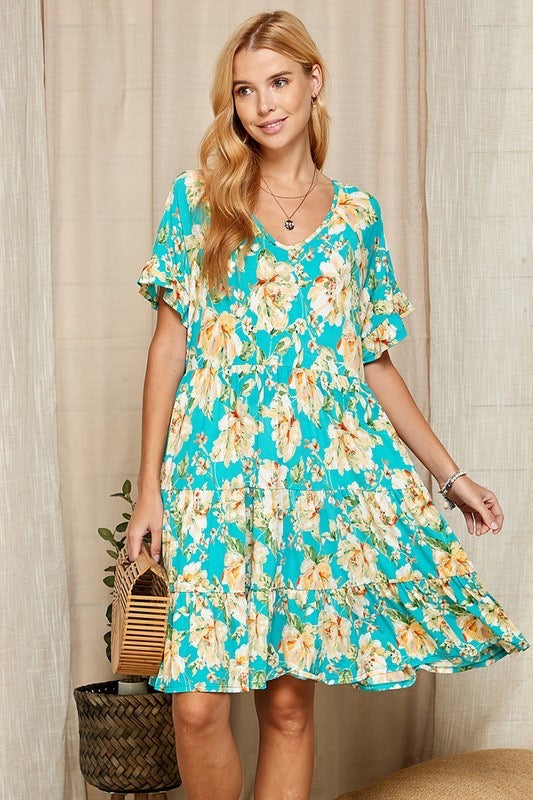 Ophelia Tiered Floral Dress H {Original Love} Teal Floral Tiered Dress PLUS SIZE XL 2X 3X 4