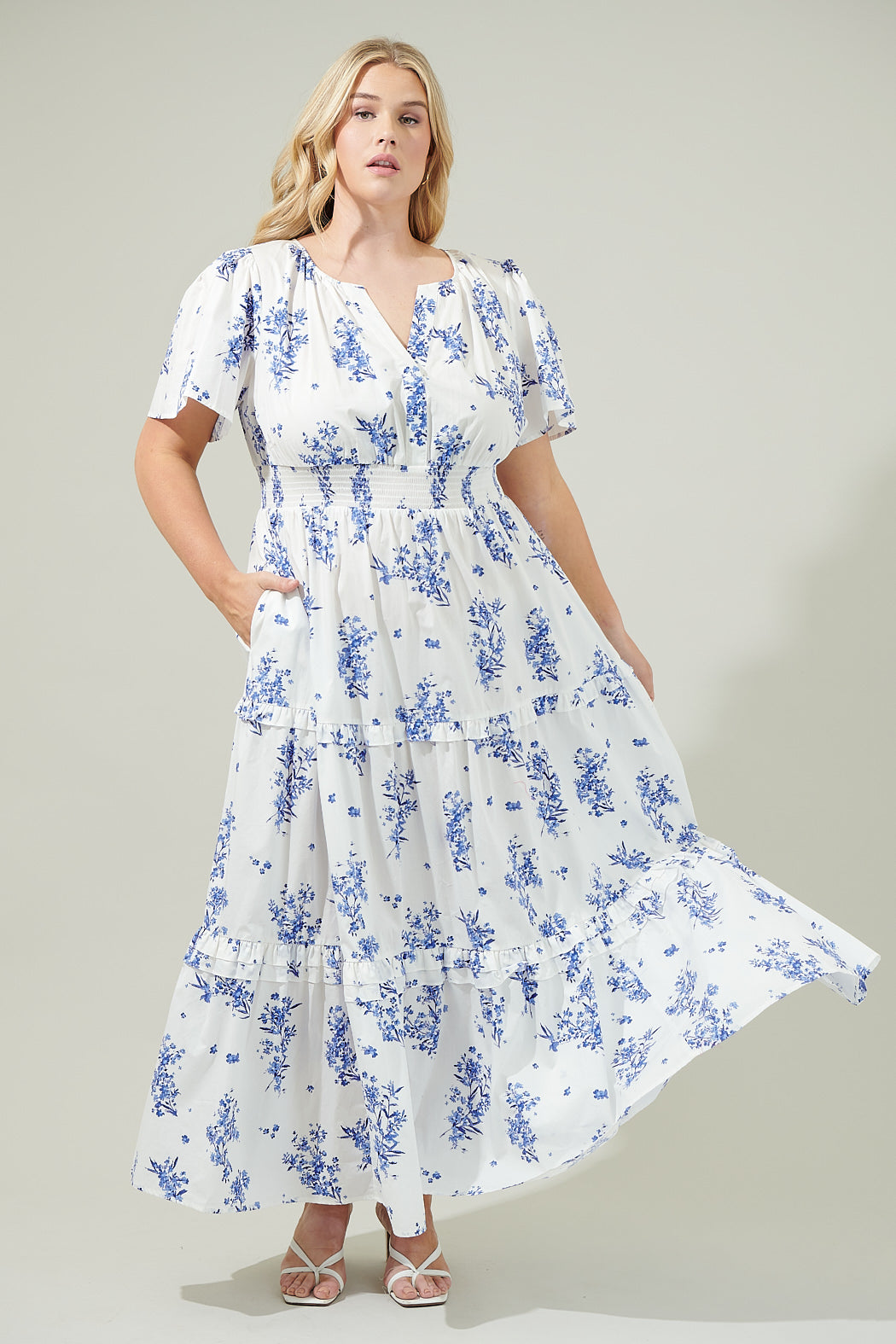 Bestia Floral Poplin Tiered Maxi Dress CREAM-BLUE 1