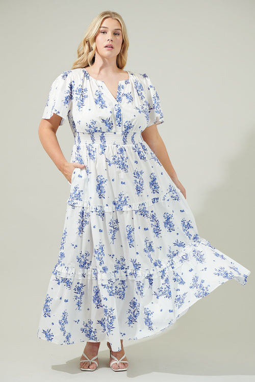 Bestia Floral Poplin Tiered Maxi Dress CREAM-BLUE 1