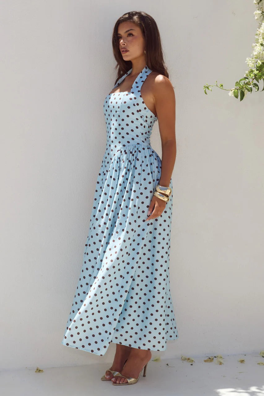 Sammi Polka Midi Dress Sky Blue/Choc Polka 3