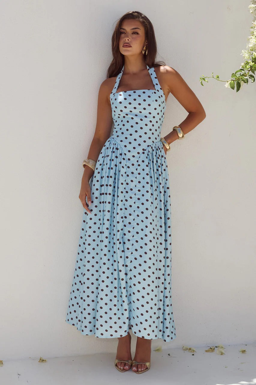 Sammi Polka Midi Dress Sky Blue/Choc Polka 1