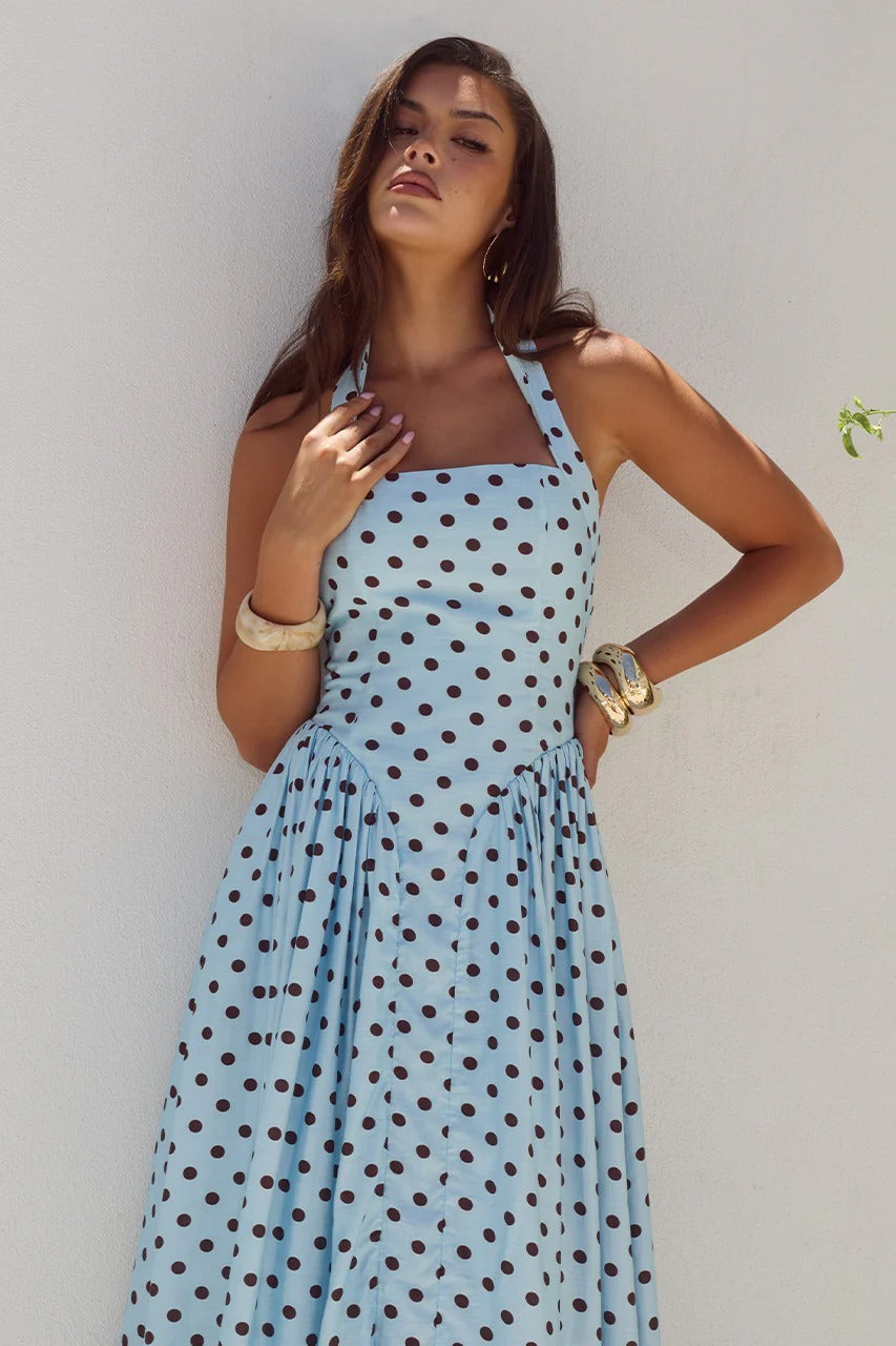 Sammi Polka Midi Dress Sky Blue/Choc Polka 5