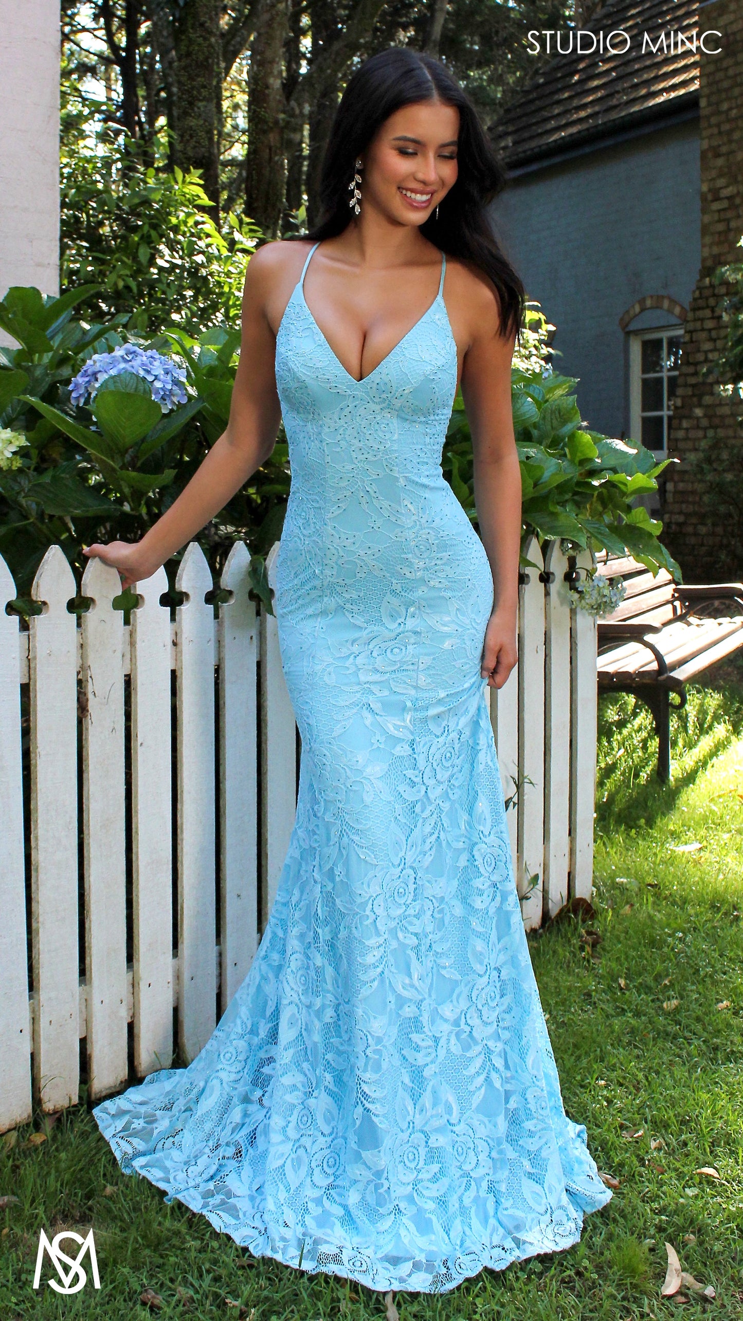 Jasmine Lace Mermaid Dress Light Blue formal dress | lace V neckline fitted mermaid lace up 1