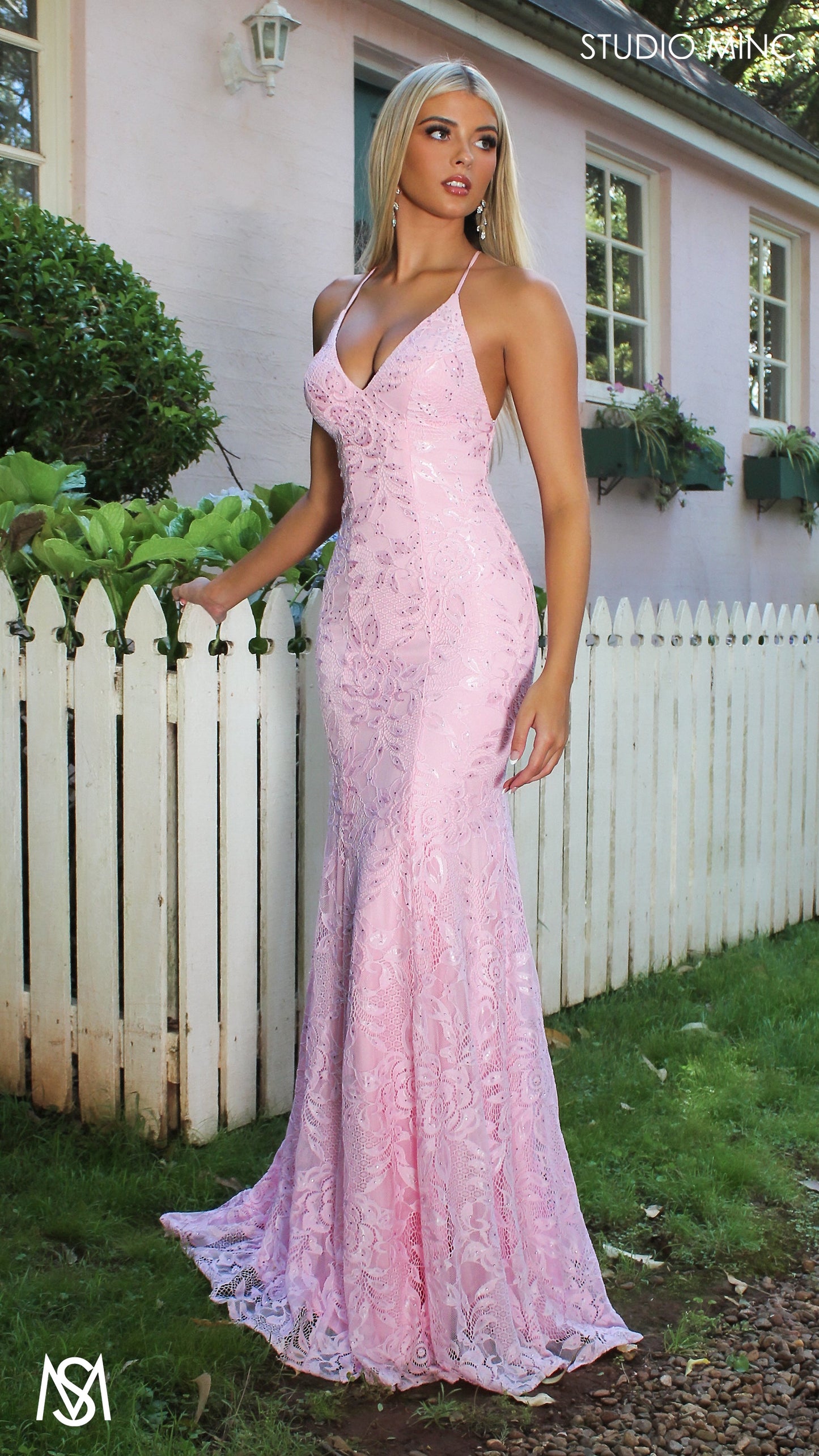 Jasmine Lace Mermaid Dress Light Pink formal dress | lace V neckline fitted mermaid lace up 5