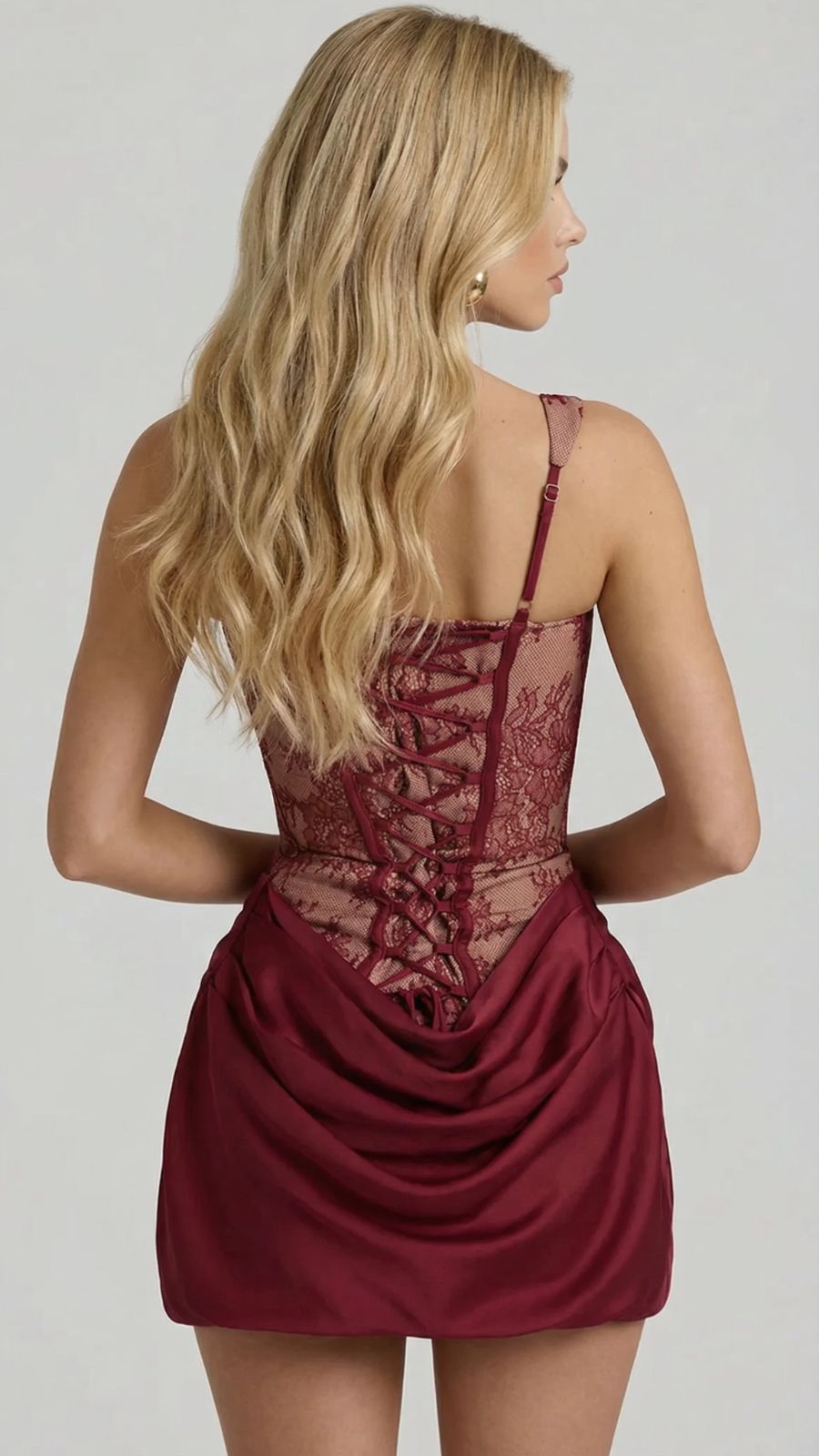 Isabelle Corset Mini Dress in Ivory Burgundy Lace 4