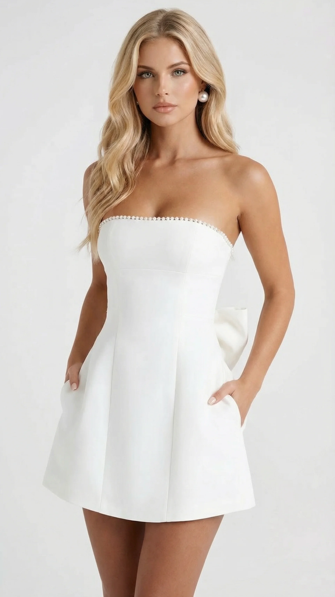 Isabelle Bow Mini Dress in Pink Pearl White 2