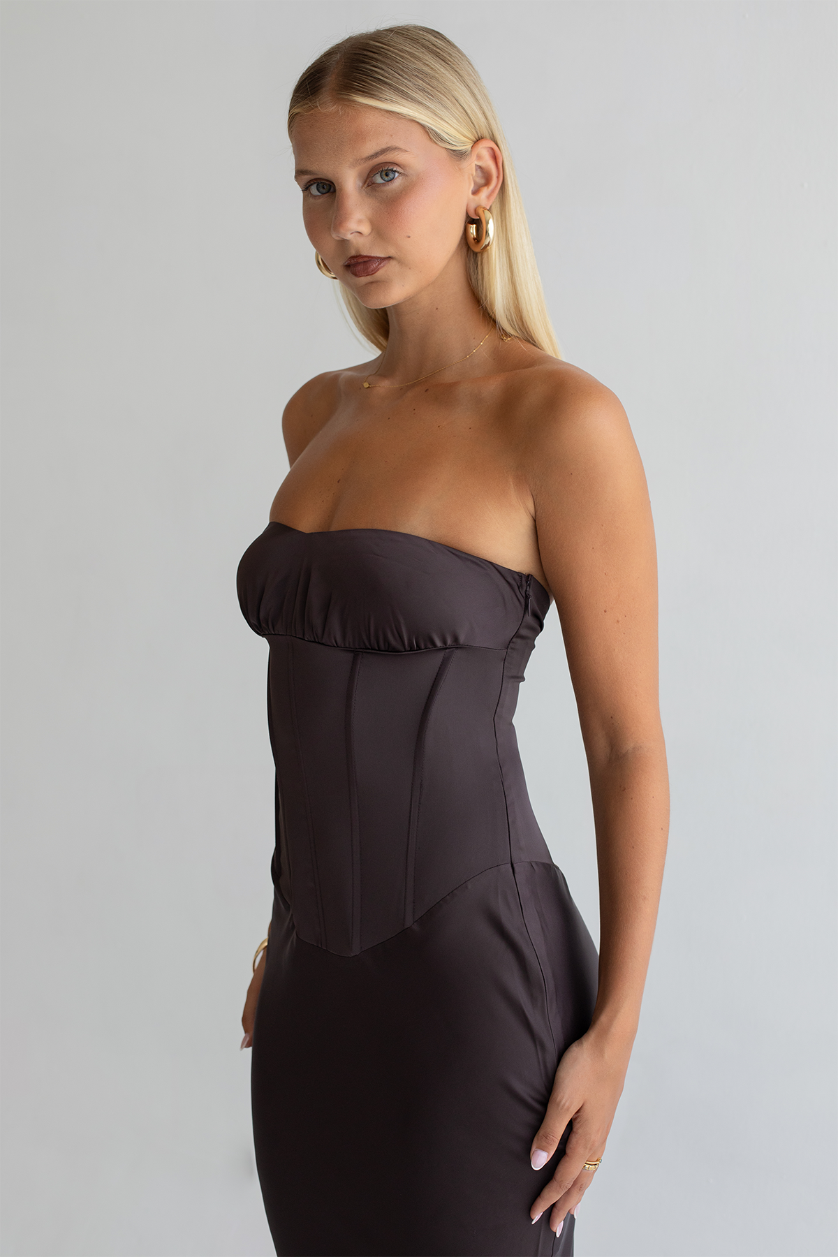 Ashton Satin Maxi Dress Chocolate 2
