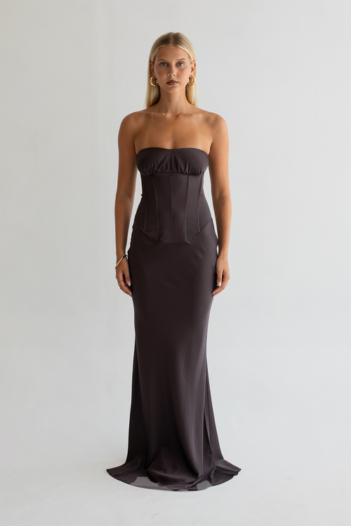 Ashton Satin Maxi Dress Chocolate 1