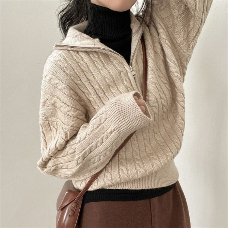 Fiona Half-Zip Cable Knit Cropped Sweater Pink 1