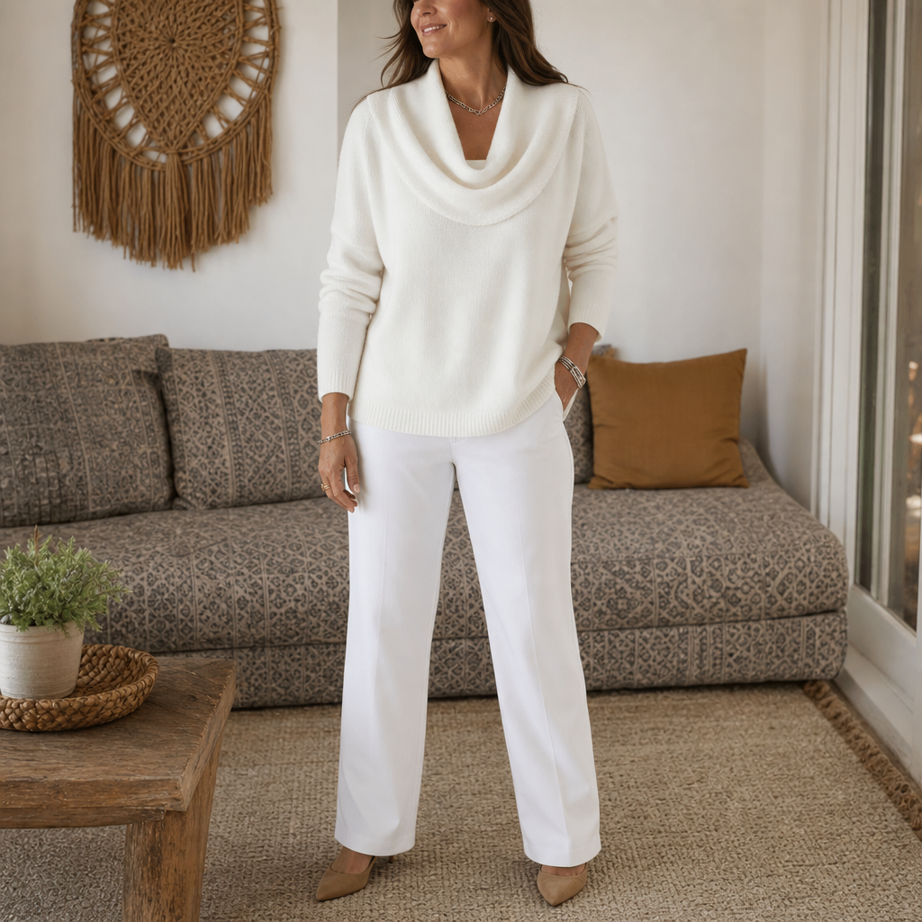 Margot Knit Wrap Sweater in White Navy Blue 4