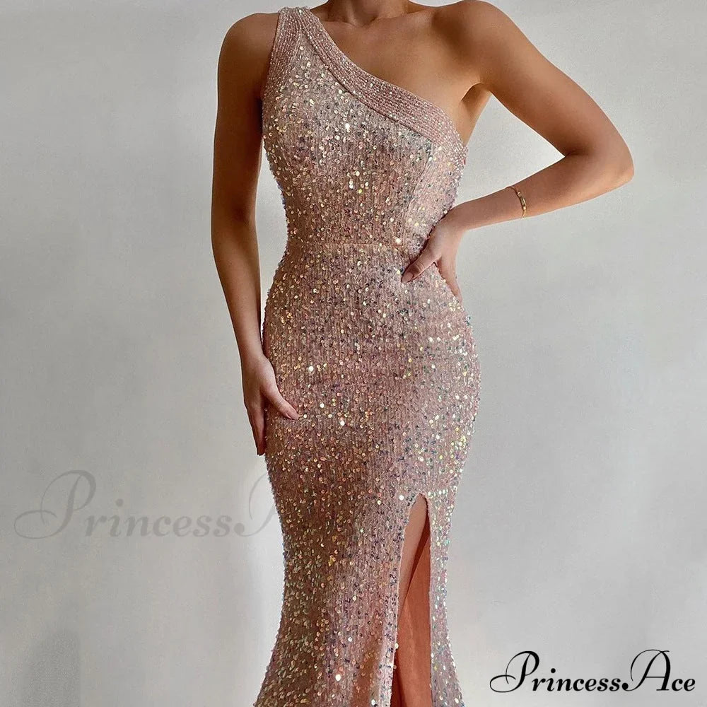 Lyla One-Shoulder Sequin Dress KHAKI 5