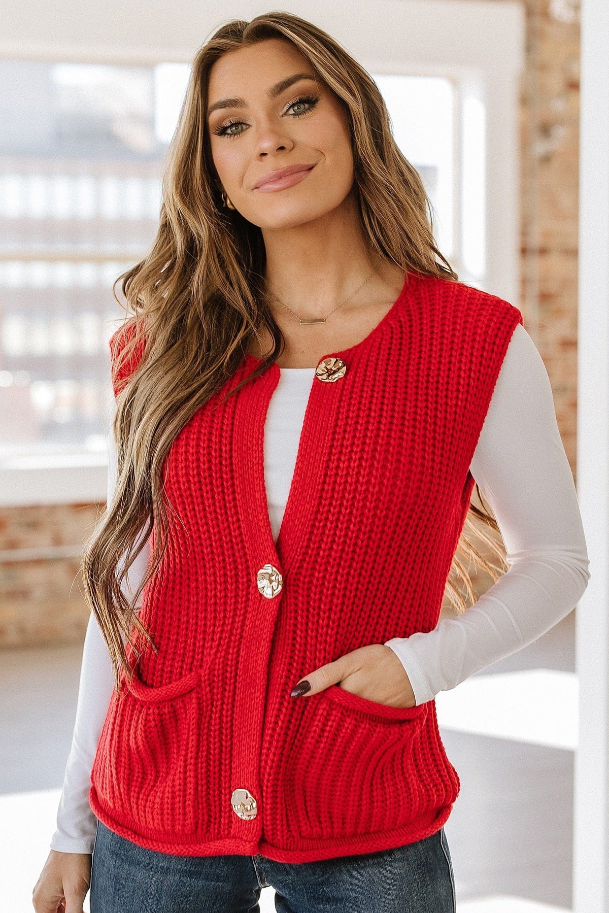 Marissa Textured Knit Vest Fiery Red 7