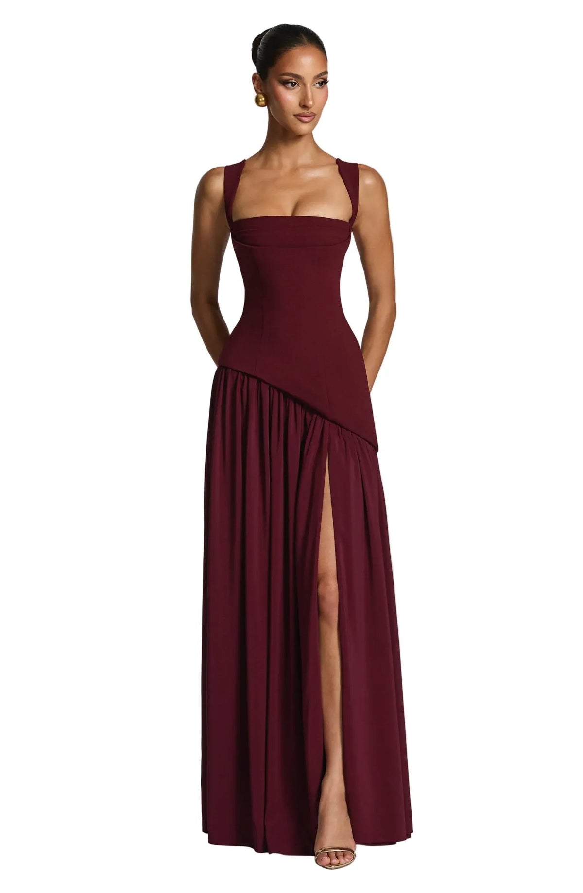 Luna Square Neck A-Line Maxi Dress Burgundy 1