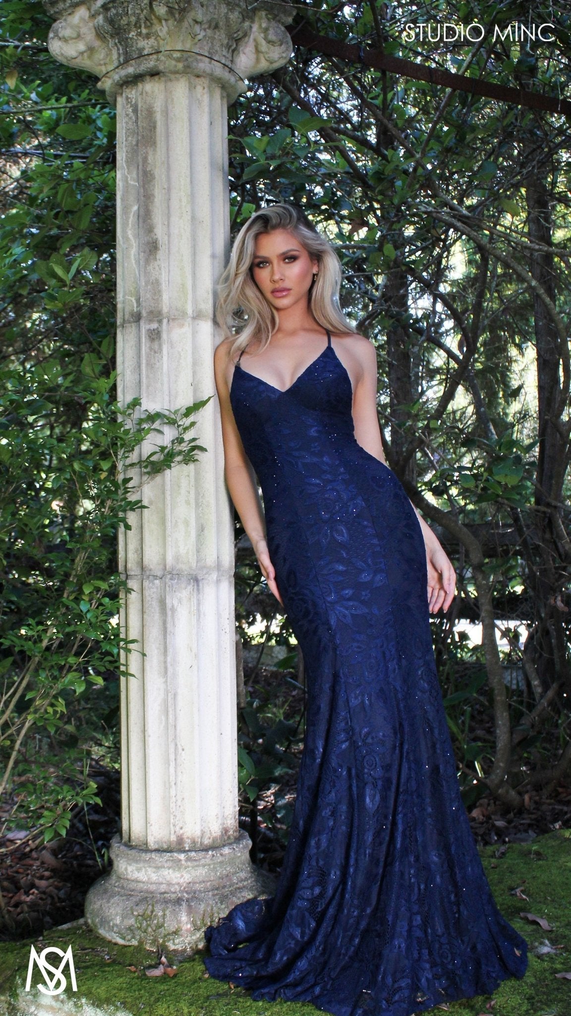 Jasmine Lace Mermaid Dress Navy Blue formal dress | lace V neckline fitted mermaid lace up 4