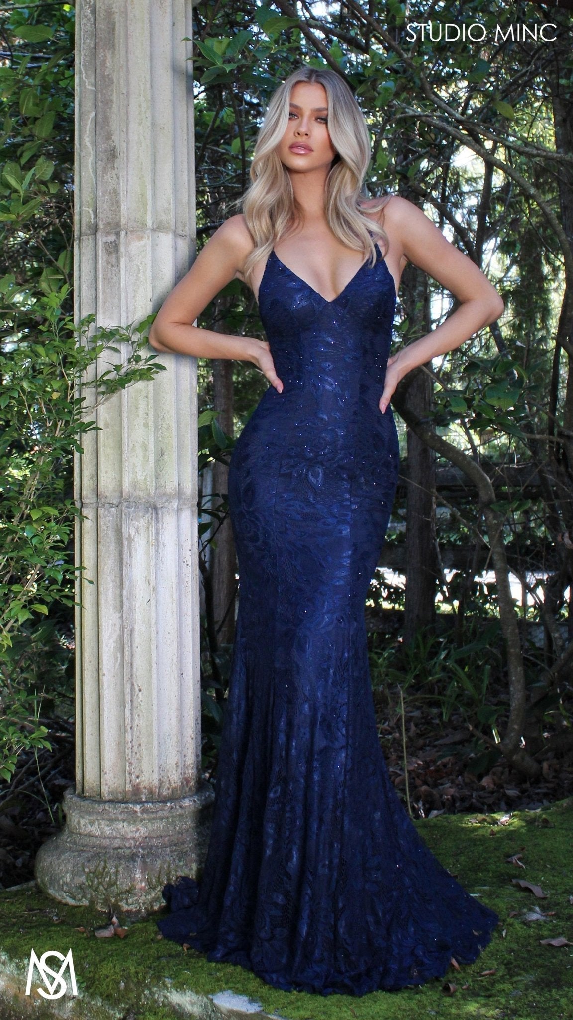 Jasmine Lace Mermaid Dress Navy Blue formal dress | lace V neckline fitted mermaid lace up 1
