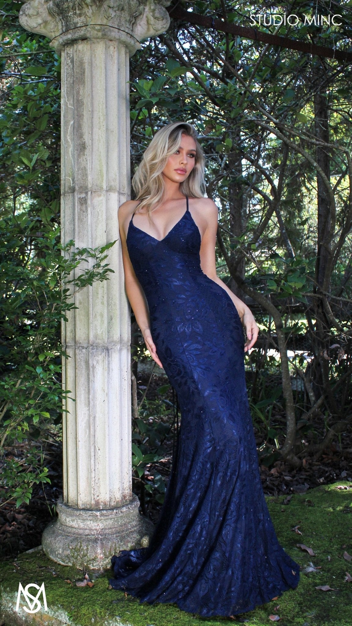 Jasmine Lace Mermaid Dress Navy Blue formal dress | lace V neckline fitted mermaid lace up 5