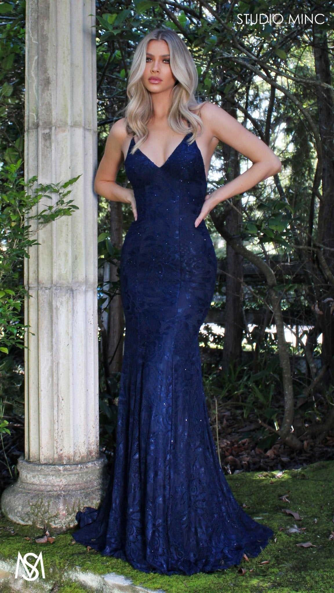 Jasmine Lace Mermaid Dress Navy Blue formal dress | lace V neckline fitted mermaid lace up 6