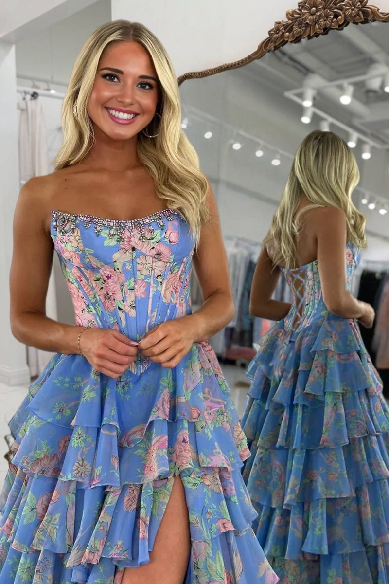 Violet Chiffon Strapless Gown Strapless A Line Floral Chiffon Ruffled Prom Dresses With Beading 5
