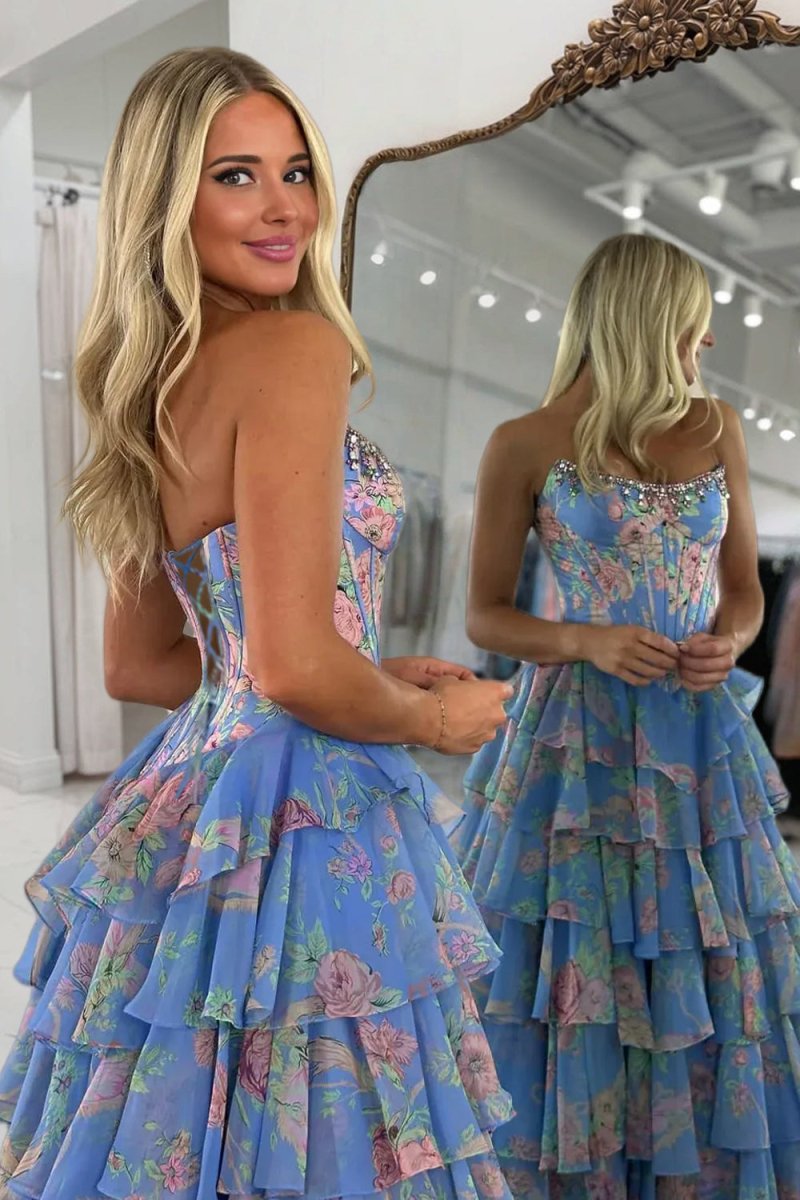 Violet Chiffon Strapless Gown Strapless A Line Floral Chiffon Ruffled Prom Dresses With Beading 4