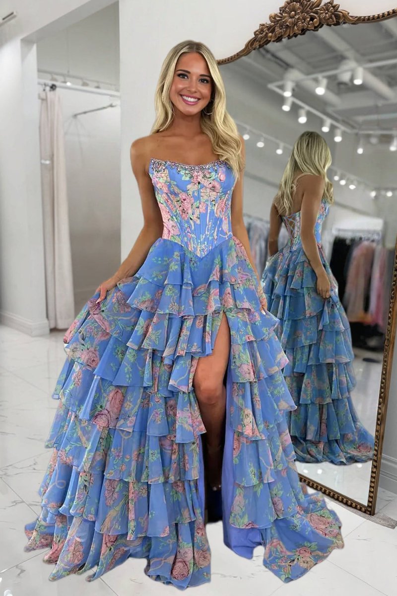 Violet Chiffon Strapless Gown Strapless A Line Floral Chiffon Ruffled Prom Dresses With Beading 3