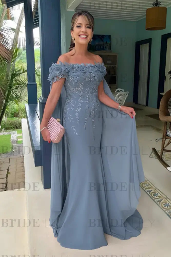 Margot Off-Shoulder Chiffon Mermaid Dress Dusty Blue 5