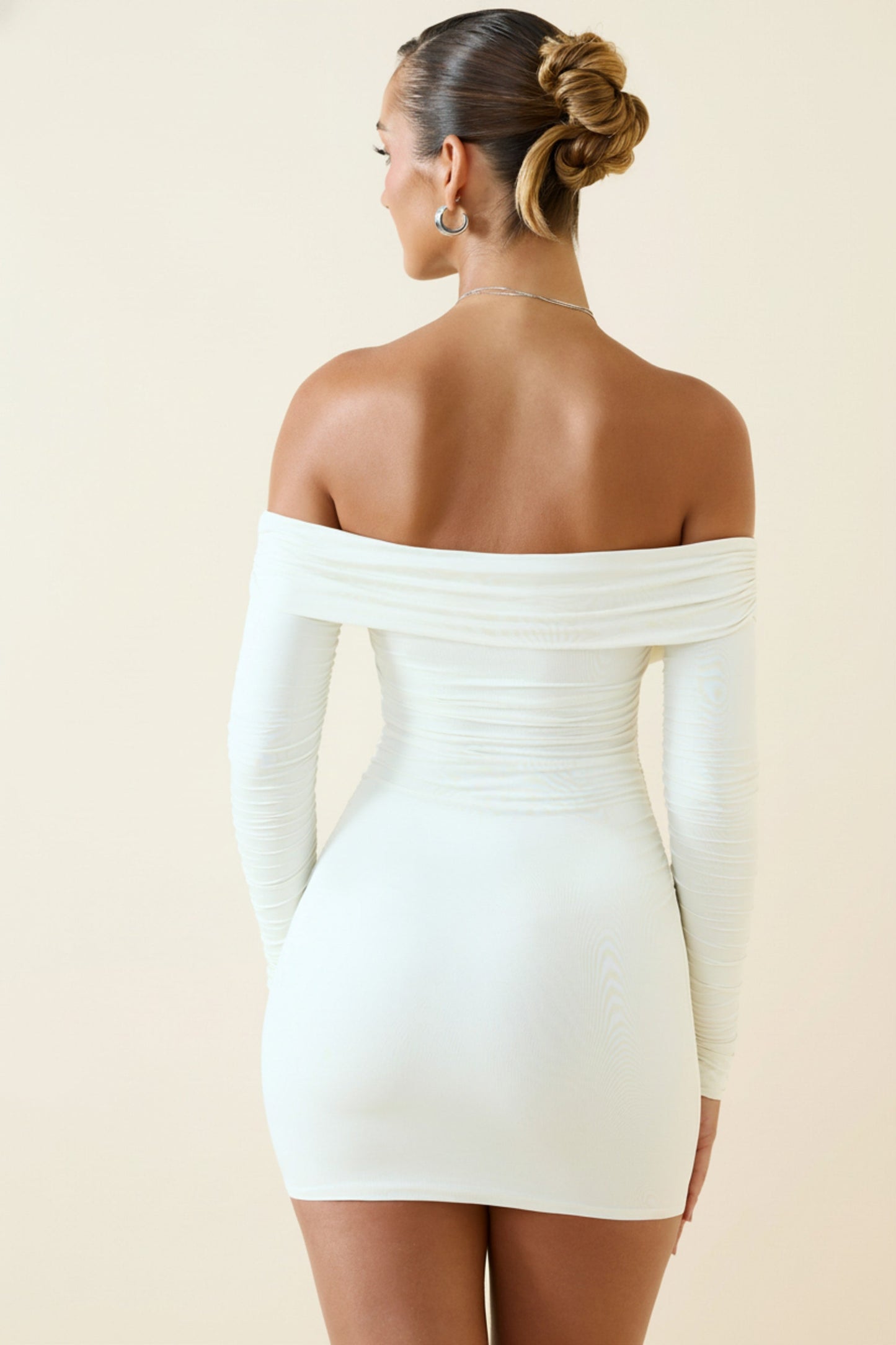 Birdie Off-Shoulder Ruffled Mini Dress Shoulder Ruched Bodycon Mini Dress in Vanilla 2