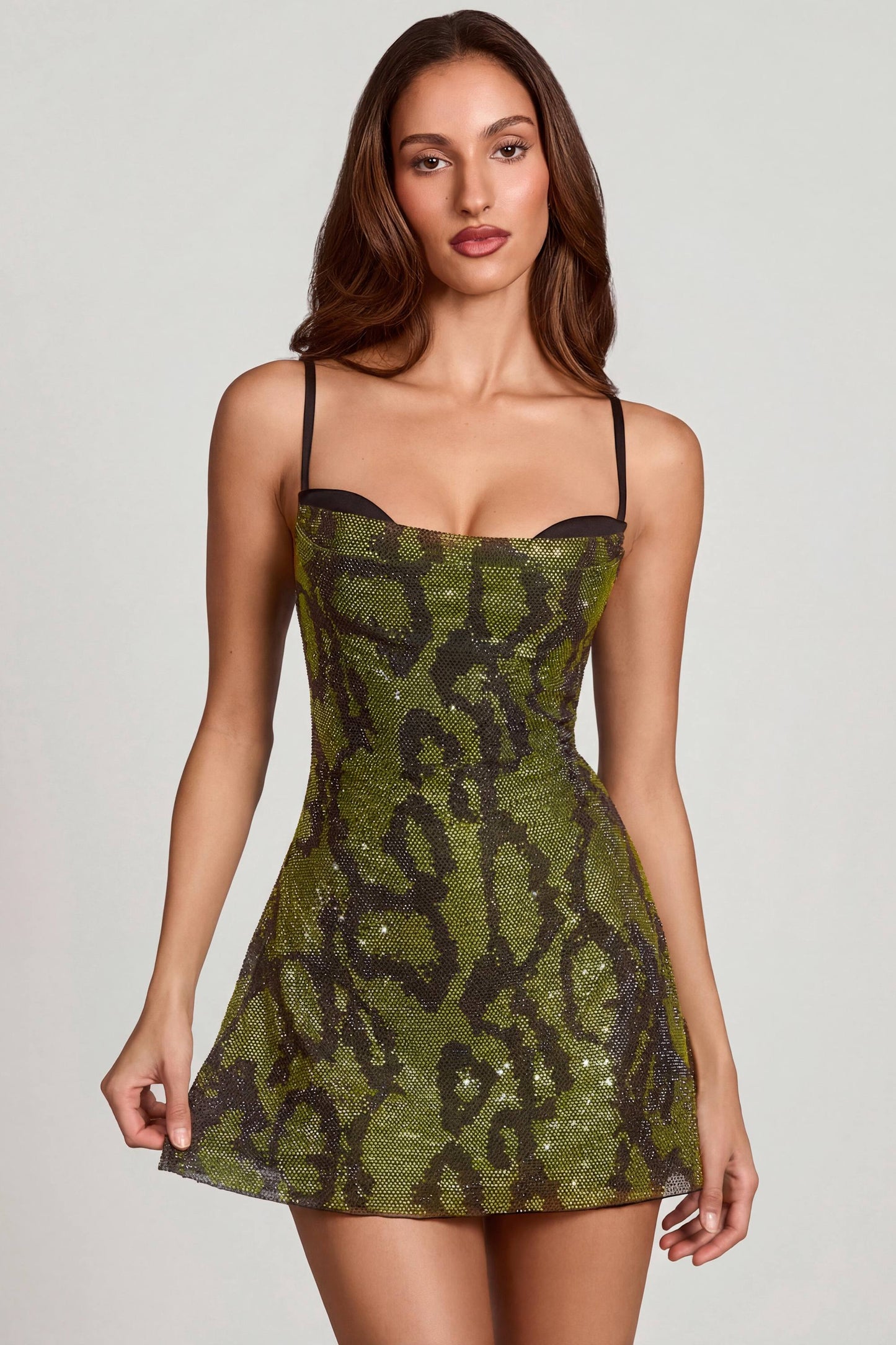 Margot Embellished Cowl Neck Mini Dress in Green Snake line Mini Dress in Green Snake 1