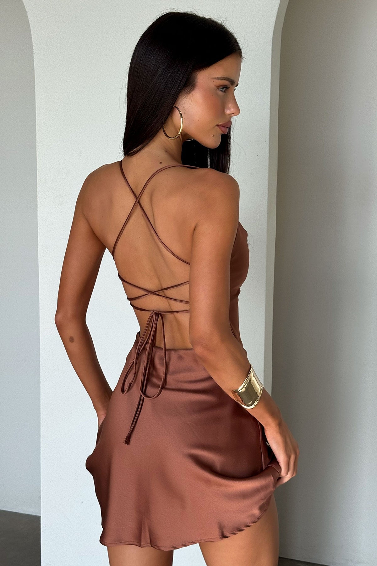 Olivia Satin A-Line Midi Dress in Emerald Brown 1