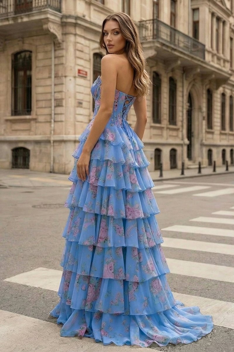 Violet Chiffon Strapless Gown Strapless A Line Floral Chiffon Ruffled Prom Dresses With Beading 2