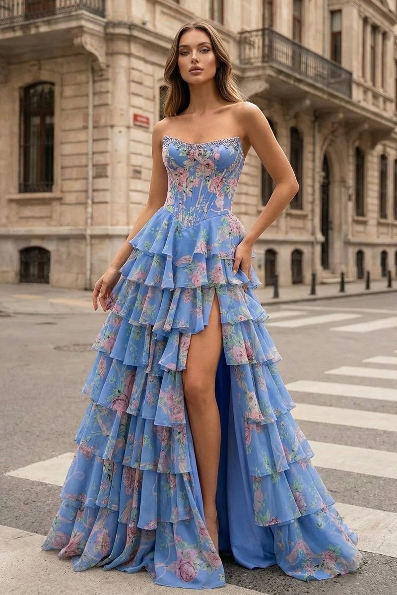Violet Chiffon Strapless Gown Strapless A Line Floral Chiffon Ruffled Prom Dresses With Beading 1