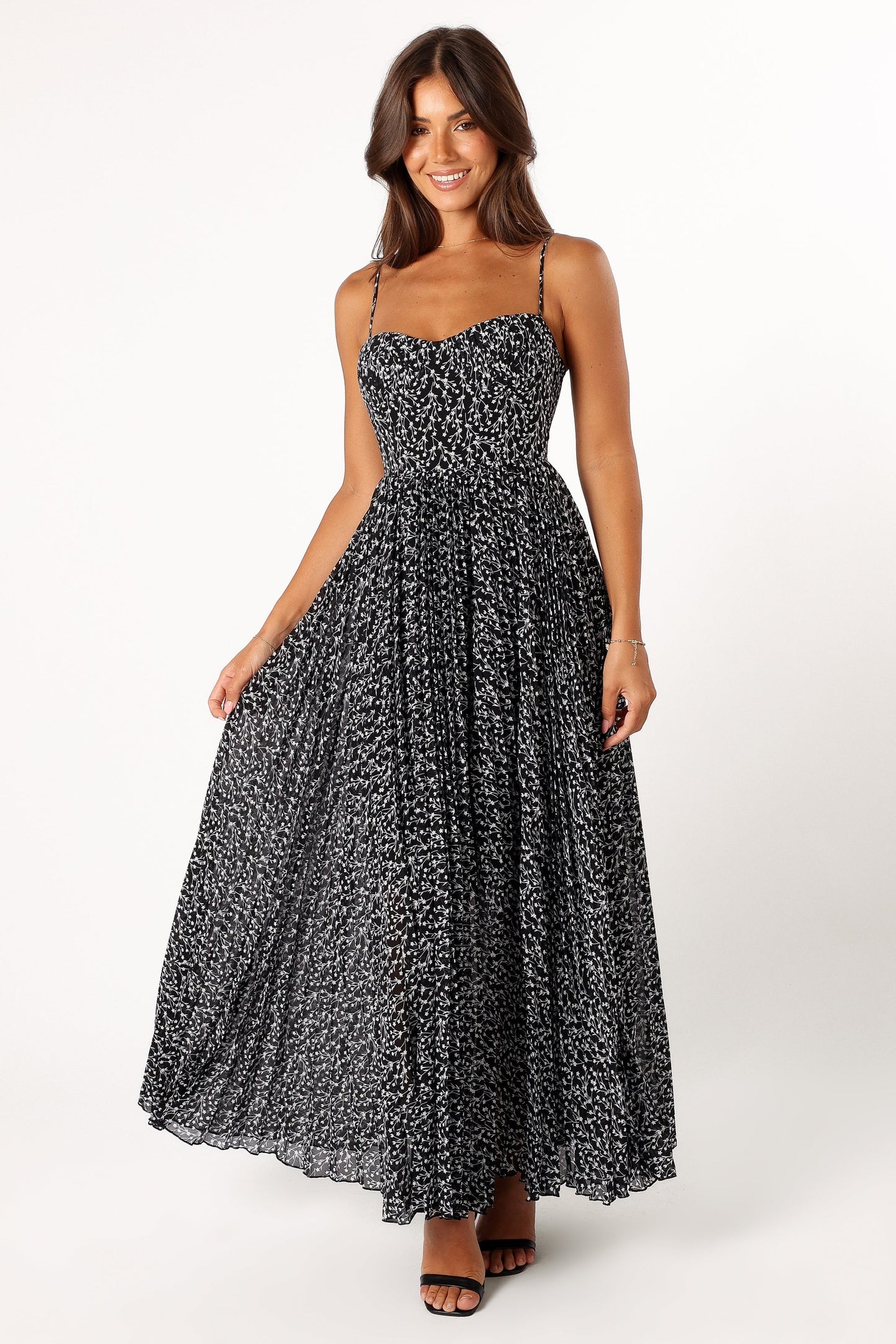 Achanti Pleated Maxi Dress in Pink Azalea Black Floral 6