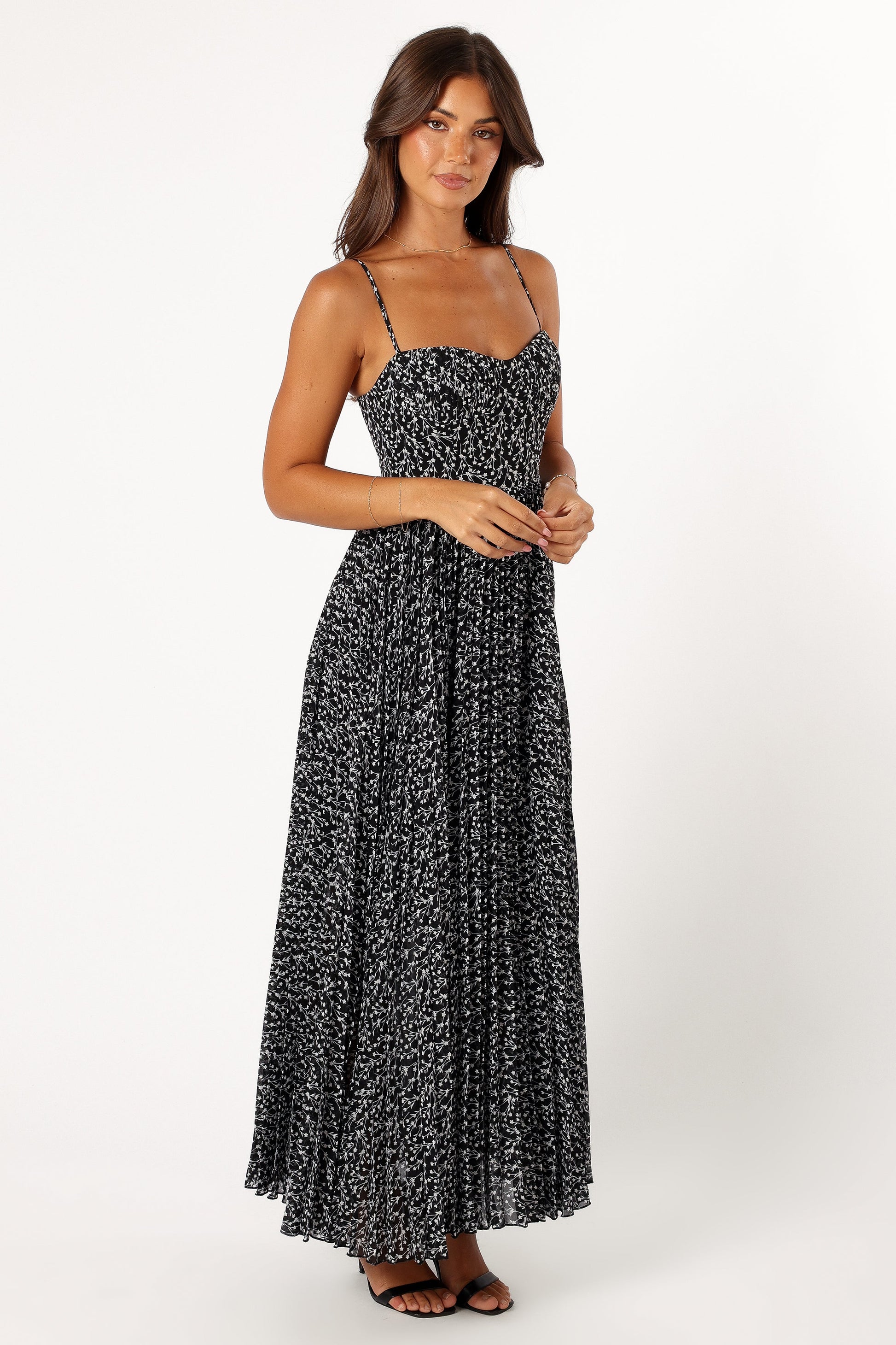 Achanti Pleated Maxi Dress in Pink Multi Black Floral 9